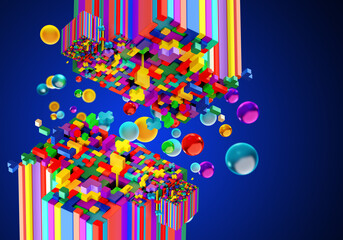 Poster - Childrens background. Abstract multicolored design. Kids bricks and bubbles. Background from kids bricks. Childrens decorations on dark blue. Kids bricks metaphor for educational games. 3d image.