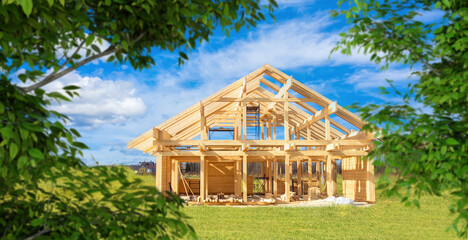 Wooden house under construction. Frame house from boards. Construction of village cottages. Construction of house from wooden beam. Residential building in picturesque location. Green tree branches.