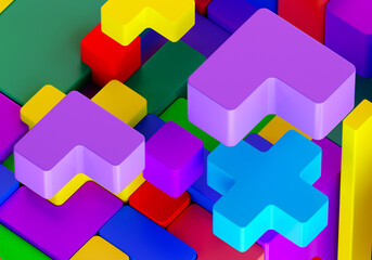 Poster - Toy block. Multicolored geometric elements. Toy block background. Childrens toy block. Educational bricks puzzle. Colorful geometric shapes. Childrens puzzle-constructor. Cubic tiling. 3d image.