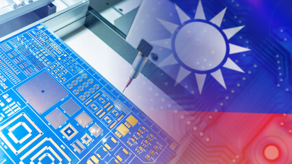 Poster - circuit boards manufacturing in taiwan. flag republic taiwan and pcb. machine for production circuit