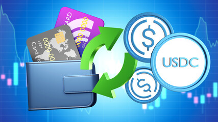 Poster - UCDC technology. Crypto money USDC. Credit cards in wallet. Exchange dollars for USDC. Buying USD coin via bank card. Wallet and blue investment graph. USDC money technology. Stable coin. 3d image.