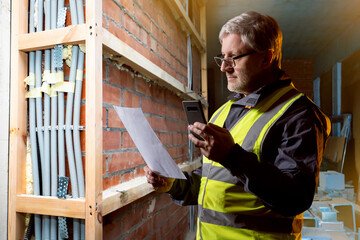 Poster - man construction engineer. laying engineering communications. plastic pipes air conditioning system 