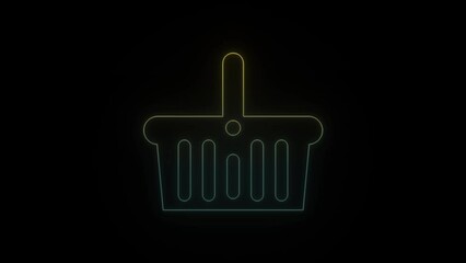 Sticker - Glowing neon basket icon on black background. shopping in the store. 4K video animation for motion graphics and compositing.