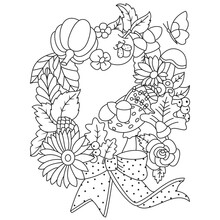 Wreath Made Of Autumn Flowers Fruits Mushrooms Berries Pumpkin Butterflies Thanksgiving Coloring Art Outline