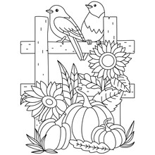 Two Birds Sitting On The Fence Sunflower Pumpkin Autumn Fall Season Thanksgiving Coloring Page Art