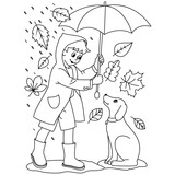 Fototapeta Dinusie - Dog and Girl on a rainy day Autumn leaves maple leaf Fall season coloring illustration pages
