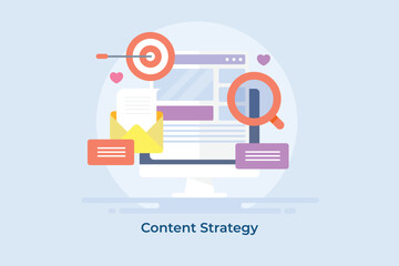 Website promotion and content marketing strategy development, online audience targeting concept.