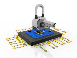 Poster - 3d rendering microchips protection CCTV camera