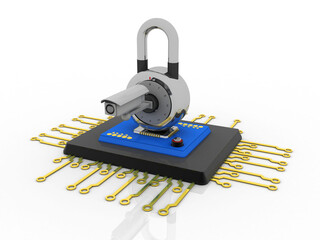 Poster - 3d rendering microchips protection CCTV camera