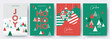 © Tanya - Merry Christmas and Happy New Year Set of greeting cards, posters, holiday covers. Modern Xmas design with triangle firs pattern in green, red, white colors. Christmas tree, ball, decoration elements