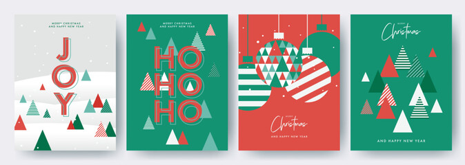Wall Mural - Merry Christmas and Happy New Year Set of greeting cards, posters, holiday covers. Modern Xmas design with triangle firs pattern in green, red, white colors. Christmas tree, ball, decoration elements