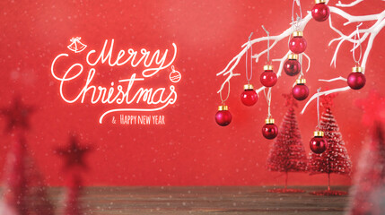Aufkleber - Merry christmas and happy new year with xmas tree and bauble ball at vivid red wall at wooden table.copy space for adding design