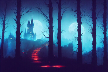 Poster - 3D render of Dracula castle is lit in a forest at night with a full moon. Digital illustration