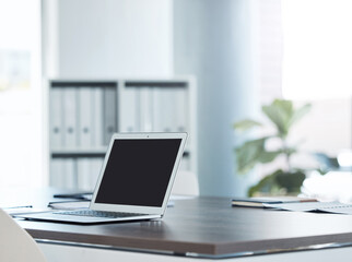 Aufkleber - Empty office space and laptop or screen on a desk of software coding, cybersecurity and technology company or business. Creative SEO, social media and digital notebook at advertising marketing agency