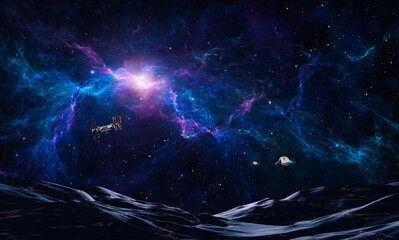 Wall Mural - space background. spaceship flying to iss with mountain land in colorful fractal blue nebula. elemen