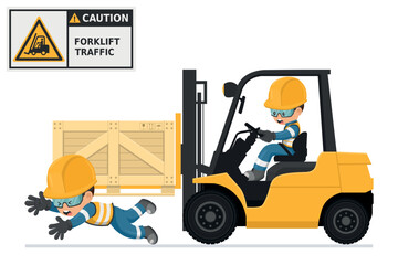 Wall Mural - Industrial worker driving a forklift in an accident to a worker. Danger and caution sign for forklift traffic. Work accident in a warehouse. Security First. Industrial Safety and Occupational Health