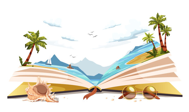 open story book with ocean beach inside. fantasy vacation in summer season on holidays. sandy island