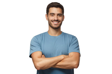 indoor portrait of young european man standing in blue t-shirt with crossed arms, smiling and lookin