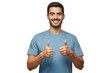 © Damir Khabirov - Motivated excited smiling young man in blue t-shirt, making thumbs up gesture of approval and success