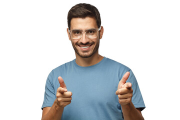 Hey you! Young man in blue t-shirt and transparent eyeglasses pointing to camera with fingers