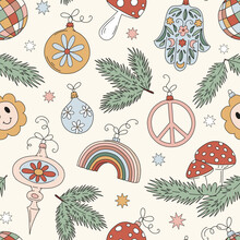Christmas Tree Toys Bauble Peace Sign Rainbow Mushroom Spruce Paw Vector Seamless Pattern. Boho Xmas New Year Ornaments Background. Holiday Festive Season Surface Design.
