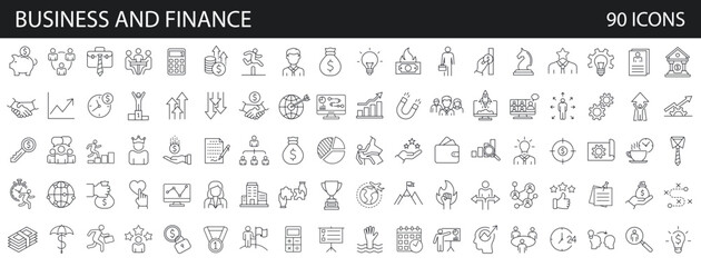 Wall Mural - Set of 90 business teamwork finance icons, team building, work group and human resources. Outline icons collection. Line style - vector illustration