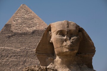 Sticker - Front view of the Great Sphinx Giza and the Great Pyramid in Egypt under blue sky