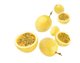 Wall Mural - yellow passion fruit (passiflora edulis) levitate isolated on white background..