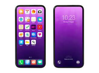 isolated mobile phone with sample home and locked screens
