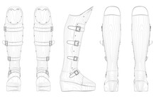 Set with contours of high boots with clasps from black lines isolated on white background. Front, side, back view. Vector illustration.