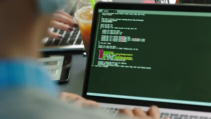 Poster - Computer coding, working and work code research of a business man writing ux and ui writing. IT worker typing big data analytics, cloud computing and web information technology data on a laptop