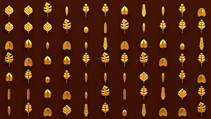 Pattern of gold Autumn leafs on red background in 8k. 3D illustration render.
