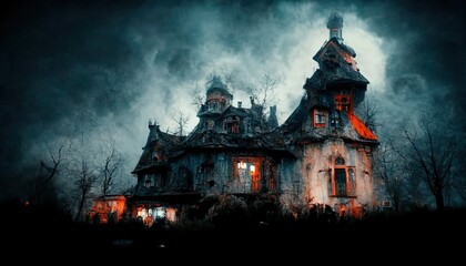 Scary house at night. Halloween design background wallpaper illustration. Generative AI