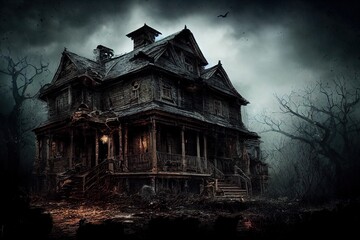 Scary house at night. Halloween design background wallpaper illustration. Generative AI