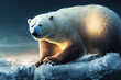 Leinwandbild Motiv Polar bear on snow in arctic forest. Ursus maritimus species. White bear on snow in nature habitat. Wildlife scene from Antarctica and animal behavior in forest. 3D illustration and digital painting.