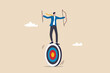 Purpose driven, motivation to reach goal and success, mission to achieve target or business strategy to drive success concept, ambitious businessman archery holding arrow and bow balance on target.