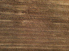 Agriculture Concept. Aerial Drone View Of Brown Dirt Rural Agricultural Field Background In High Altitude. Harvested Crops With Visible Stubble. Earth View From Above. Image Contain Noise And Blur
