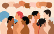 © Hope - Creating a multiethnic group that talks and shares ideas. It represents community, speech, and socialisation. A speech bubble. Vector cartoon people posed in profile. People of variety. Dialogue.