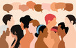 © Hope - The communication of multiethnic people. Crowd talking. Information and ideas sharing. Vector cartoon. A group of people speaking and discussing. Speech bubbles and dialogue. A group of families.