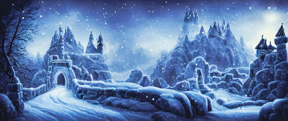 Artistic concept painting of a beautiful winter castle, background illustration.