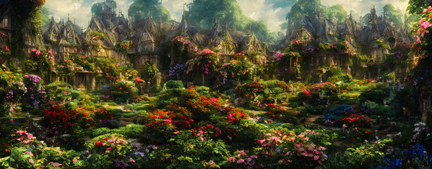 Artistic concept painting of a beautiful garden with house, background illustration.