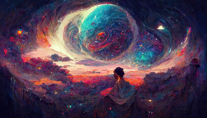 Wall Mural - Fantasy fairy tail abstract wallpaper with galaxy space Universe illustration in background with stars, planets and colorful blue, pink, red, orange, teal, turquoise clouds and sky with milky way