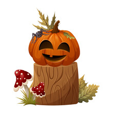 Halloween Pumpkin With A Funny Face On A Stump. Next To The Spider, Autumn Leaves And Fly Agaric. Cartoon Vector Illustration