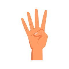 Poster - Hand gesture, counting with raised fingers. Isolated number four arm. Nonverbal communication, counting and enumeration symbol or sign. Vector in flat style
