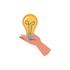 Leinwandbilder - Innovative solution or brainstorming, isolated hand holding light bulb. Investment possibilities and growth, working on issues and problems. Vector in flat cartoon style