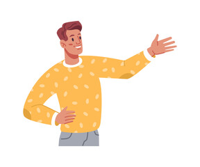 Poster - Gesturing cheerful male character showing with hand aside. Isolated presenter at work, businessman or worker with innovative ideas. Vector in flat cartoon style