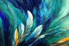Abstract Background With Feather Pattern, Gradients And Texture, Digital Painting In Blue, Green And Gold Colours, Created With Generative Ai Technology