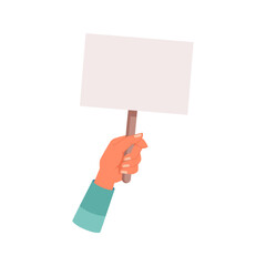 Aufkleber - Protester hand holding placard or banner, isolated empty paper with copy space. Demonstration or rebellion, statement and opposition. Vector in flat cartoon style