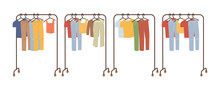 Men and women clothes hanging on rack and hangers. Isolated shopping store assortment. Tshirts and trousers, blouses and pants. Vector in flat cartoon style
