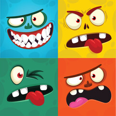 Wall Mural - Funny cartoon monster face.  Illustration of cute and happy monster expression. Halloween design. Great for party decoration